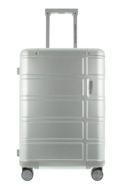 American Tourister Alumo Spinner, Aluminium Koffer, 4 Doppelrollen, Sicherheitsschloss, Handgepäck 55 x 23 x 39 cm Silver
