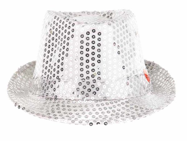 Edler Pailletten Party Fasching Hut mit LED Licht Weiß Silber