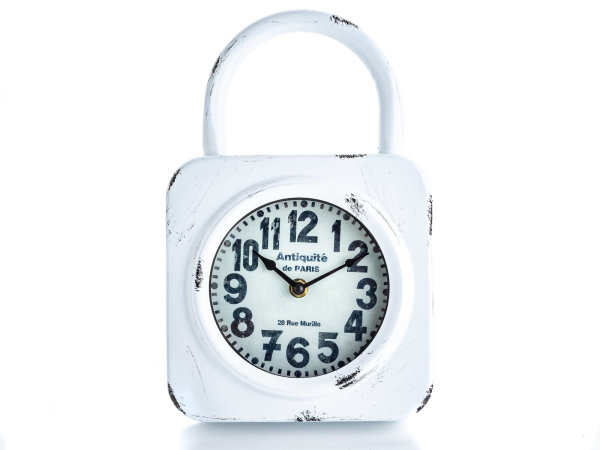 Standuhr gebürstet mit Griff aus Metall Vintage weiss