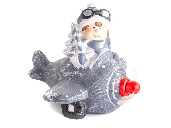 Dekofigur Weihnachtself im Flugzeug mit LED im Propeller 1969-silber