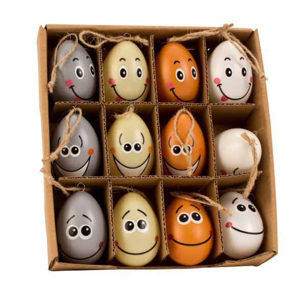 Mel-O-Design 12er Set Oster-Eier zum Dekorieren mit lustigem Gesicht und Anhänger ca. 6x4 cm