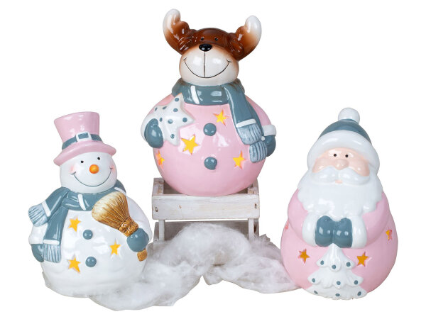 Mel-O-Design 4874 Weihnachtsfiguren Nikolaus, Schneemann und Elch mit LED-Licht